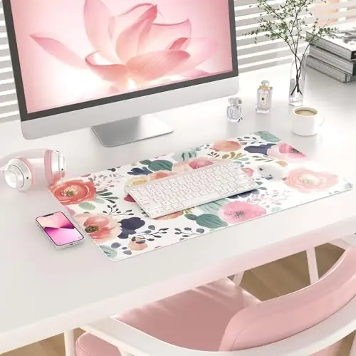 Colorful Star Large Mouse Pad, Pink Floral Desk Mat for Desktop, Women Girls PU Leather Waterproof Gaming Mousepad, Computer PC Laptop Protector Flowers Desk Pads for School Office Home 23.6