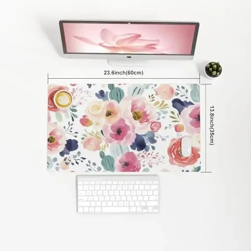 Colorful Star Large Mouse Pad, Pink Floral Desk Mat for Desktop, Women Girls PU Leather Waterproof Gaming Mousepad, Computer PC Laptop Protector Flowers Desk Pads for School Office Home 23.6