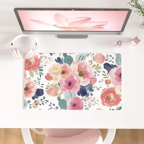 Colorful Star Large Mouse Pad, Pink Floral Desk Mat for Desktop, Women Girls PU Leather Waterproof Gaming Mousepad, Computer PC Laptop Protector Flowers Desk Pads for School Office Home 23.6
