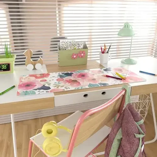 Colorful Star Large Mouse Pad, Pink Floral Desk Mat for Desktop, Women Girls PU Leather Waterproof Gaming Mousepad, Computer PC Laptop Protector Flowers Desk Pads for School Office Home 31.5