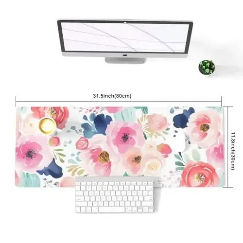 Colorful Star Large Mouse Pad, Pink Floral Desk Mat for Desktop, Women Girls PU Leather Waterproof Gaming Mousepad, Computer PC Laptop Protector Flowers Desk Pads for School Office Home 31.5