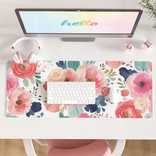 Colorful Star Large Mouse Pad, Pink Floral Desk Mat for Desktop, Women Girls PU Leather Waterproof Gaming Mousepad, Computer PC Laptop Protector Flowers Desk Pads for School Office Home 31.5