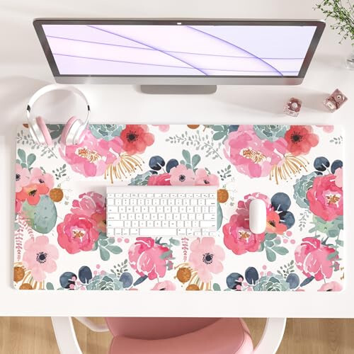 Colorful Star Large Mouse Pad, Pink Floral Desk Mat for Desktop, Women Girls PU Leather Waterproof Gaming Mousepad, Computer PC Laptop Protector Writing Pads for School Office Home 31.5