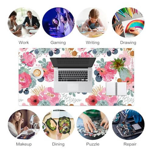 Colorful Star Large Mouse Pad, Pink Floral Desk Mat for Desktop, Women Girls PU Leather Waterproof Gaming Mousepad, Computer PC Laptop Protector Writing Pads for School Office Home 31.5