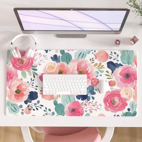 Colorful Star Large Mouse Pad, Pink Floral Desk Mat for Desktop, Women Girls PU Leather Waterproof Gaming Mousepad, Computer PC Laptop Protector Writing Pads for School Office Home 31.5