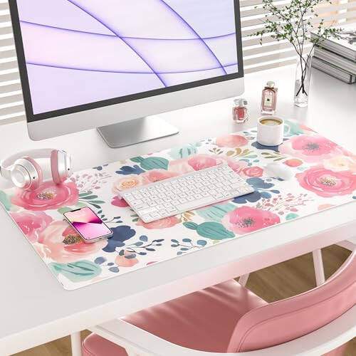 Colorful Star Large Mouse Pad, Pink Floral Desk Mat for Desktop, Women Girls PU Leather Waterproof Gaming Mousepad, Computer PC Laptop Protector Writing Pads for School Office Home 31.5