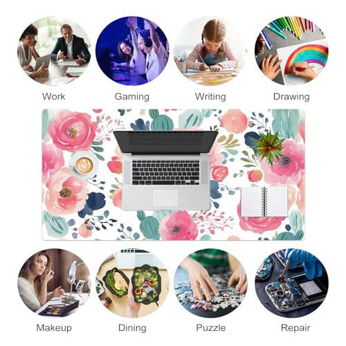 Colorful Star Large Mouse Pad, Pink Floral Desk Mat for Desktop, Women Girls PU Leather Waterproof Gaming Mousepad, Computer PC Laptop Protector Writing Pads for School Office Home 31.5