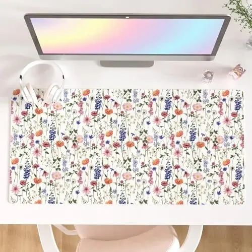 Colorful Star Large Mouse Pad, Watercolor Floral Desk Mat Office Supplies, Waterproof Faux Leather Big Gaming Mousepad for Women Girls, Flowers Desk Pad Home Office Décor Accessories 31.5