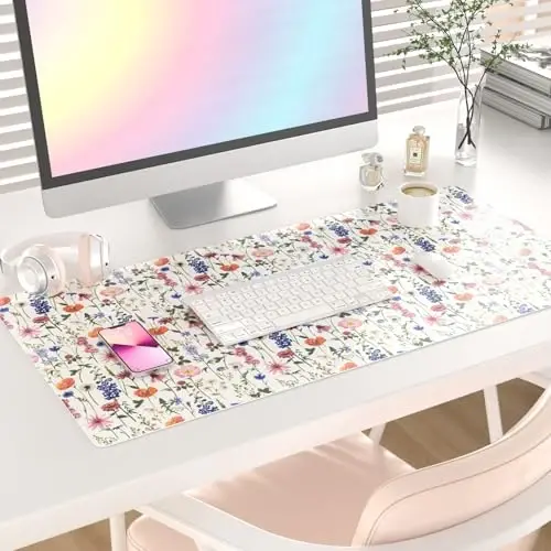 Colorful Star Large Mouse Pad, Watercolor Floral Desk Mat Office Supplies, Waterproof Faux Leather Big Gaming Mousepad for Women Girls, Flowers Desk Pad Home Office Décor Accessories 31.5