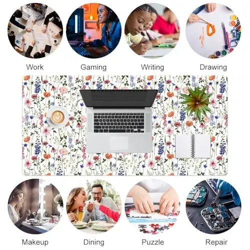 Colorful Star Large Mouse Pad, Watercolor Floral Desk Mat Office Supplies, Waterproof Faux Leather Big Gaming Mousepad for Women Girls, Flowers Desk Pad Home Office Décor Accessories 31.5