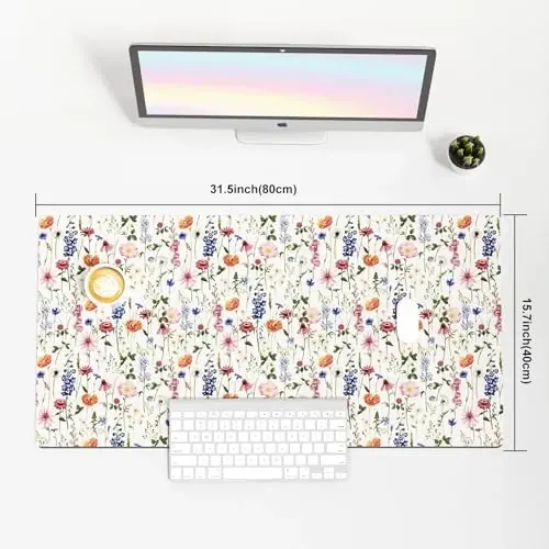 Colorful Star Large Mouse Pad, Watercolor Floral Desk Mat Office Supplies, Waterproof Faux Leather Big Gaming Mousepad for Women Girls, Flowers Desk Pad Home Office Décor Accessories 31.5