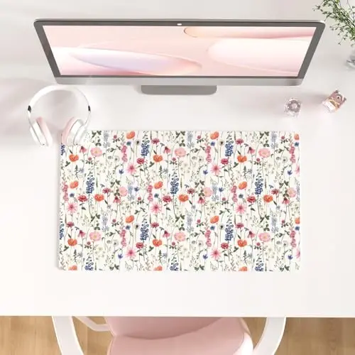 Colorful Star Large Mouse Pad, Watercolor Floral Desk Mat Office Supplies, Waterproof Faux Leather Big Gaming Mousepad for Women Girls, Flowers Desk Pad Home Office Décor Accessories 23.6