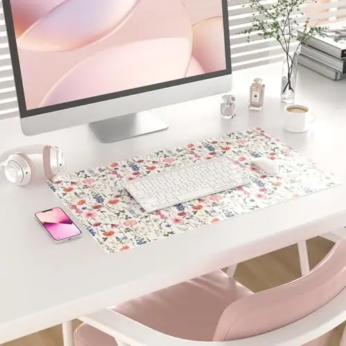 Colorful Star Large Mouse Pad, Watercolor Floral Desk Mat Office Supplies, Waterproof Faux Leather Big Gaming Mousepad for Women Girls, Flowers Desk Pad Home Office Décor Accessories 23.6