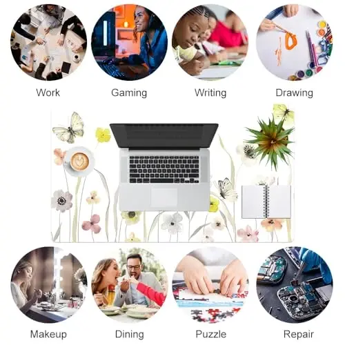 Colorful Star Large Mouse Pad, Watercolor Floral Desk Mat Office Supplies, Waterproof PU Leather Gaming Mousepad for Women Girls, Butterflies Desk Pad Home Office Décor Accessories 23.6