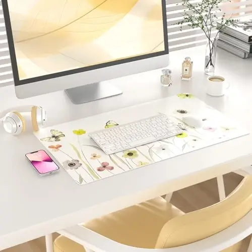 Colorful Star Large Mouse Pad, Watercolor Floral Desk Mat Office Supplies, Waterproof PU Leather Gaming Mousepad for Women Girls, Butterflies Desk Pad Home Office Décor Accessories 23.6