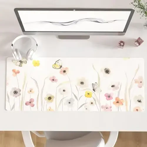 Colorful Star Large Mouse Pad, Watercolor Floral Desk Mat Office Supplies, Waterproof PU Leather Gaming Mousepad for Women Girls, Butterflies Desk Pad Home Office Décor Accessories 31.5