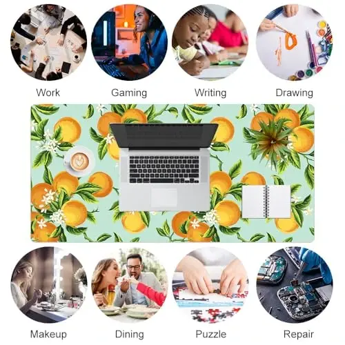 Colorful Star Large Mouse Pad, Watercolor Orange Desk Mat Office Supplies, Waterproof Faux Leather Big Gaming Mousepad, Fruits Flowers Desk Pad Home Office Décor Accessories 31.5