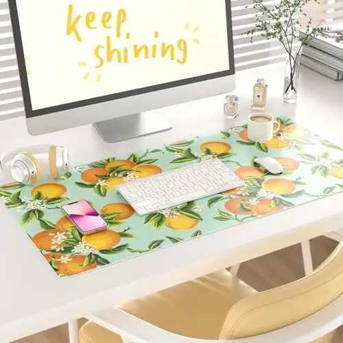 Colorful Star Large Mouse Pad, Watercolor Orange Desk Mat Office Supplies, Waterproof Faux Leather Big Gaming Mousepad, Fruits Flowers Desk Pad Home Office Décor Accessories 31.5