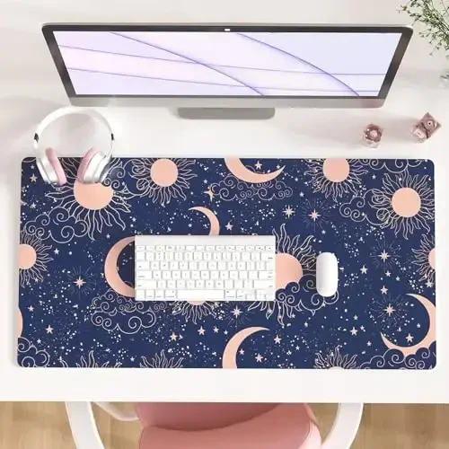 Colorful Star Starry Sky Large Mouse Pad, Celestial Moon and Sun Extended Gaming Mouse Pad Non-Slip Desk Mat, Leather Blue Keyboard Mat for Desktop Gaming Mousepad Accessories 31.5