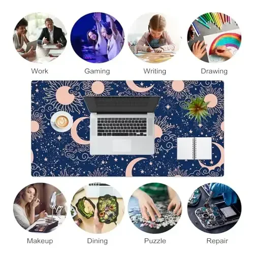 Colorful Star Starry Sky Large Mouse Pad, Celestial Moon and Sun Extended Gaming Mouse Pad Non-Slip Desk Mat, Leather Blue Keyboard Mat for Desktop Gaming Mousepad Accessories 31.5