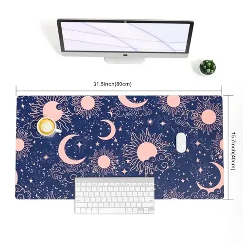 Colorful Star Starry Sky Large Mouse Pad, Celestial Moon and Sun Extended Gaming Mouse Pad Non-Slip Desk Mat, Leather Blue Keyboard Mat for Desktop Gaming Mousepad Accessories 31.5