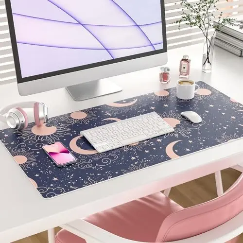 Colorful Star Starry Sky Large Mouse Pad, Celestial Moon and Sun Extended Gaming Mouse Pad Non-Slip Desk Mat, Leather Blue Keyboard Mat for Desktop Gaming Mousepad Accessories 31.5
