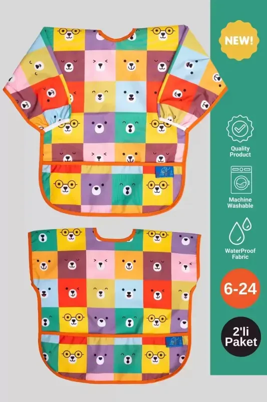 Colour Bear Patterned 2-Pack Long & Short Sleeve Activity & Bibs 6-24 Months - 1