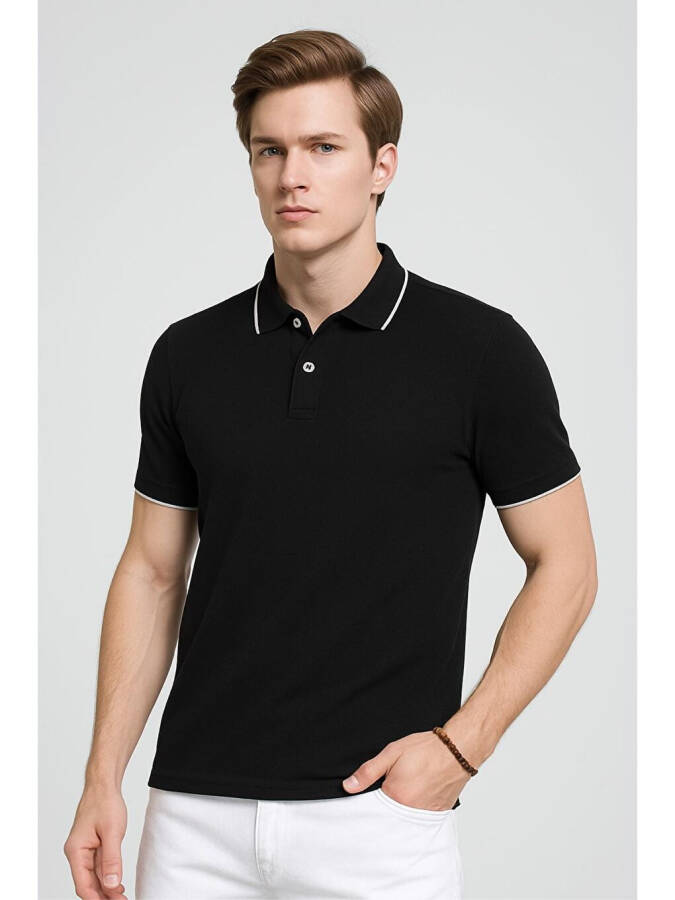 Colton Якасы Бийели Эластанлы Slim Fit Эркек Поло Яка Tshirt-Siyah - 3