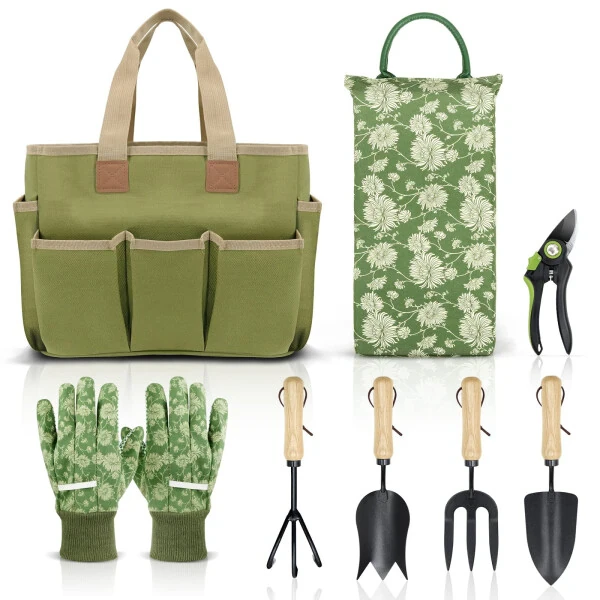 Colwelt Heavy Duty Garden Tools Set Including Garden Tote, Kneeling Pad, Gloves, Pruner, Trowel, Tulip Trowel, Cultivator - Gardening Gifts for Women Men - COLWELT