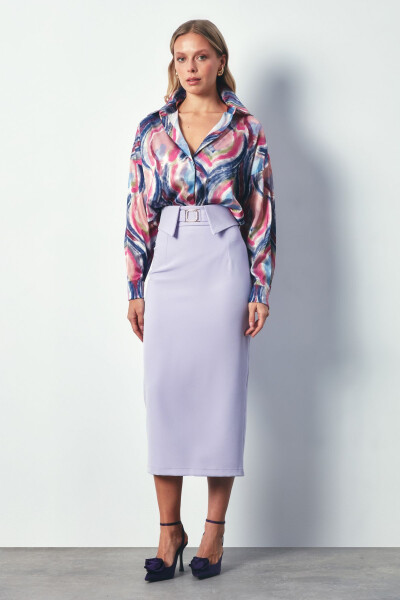 Combined Belted Midi Skirt - LILAC - 2