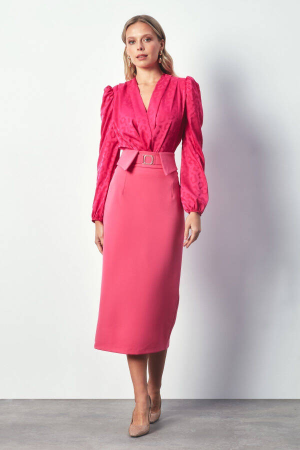 Combined Belted Midi Skirt - PINK - 1