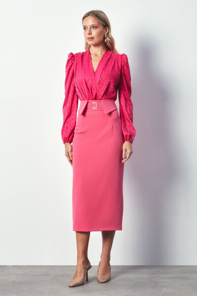 Combined Belted Midi Skirt - PINK - 2