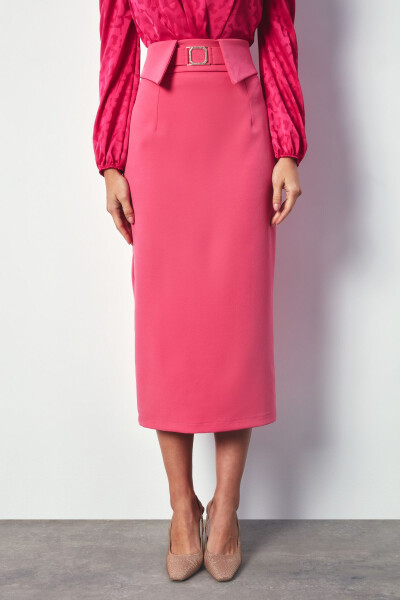 Combined Belted Midi Skirt - PINK - 4