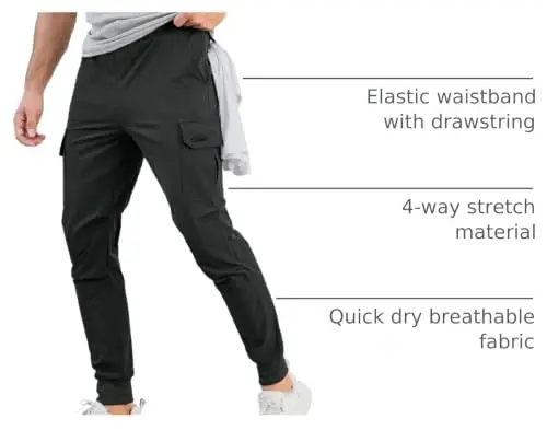 Comdecevis Men's Slim Fit Stretch Casual Cargo Joggers | 4-Way Stretch, Lightweight Quick Dry, Zipper Pockets, Workout & Track Trousers, Hiking & Work Pants 