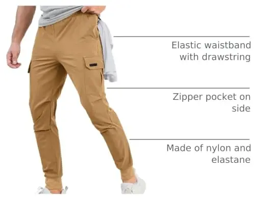 Comdecevis Men's Slim Fit Stretch Casual Cargo Joggers | 4-Way Stretch, Lightweight Quick Dry, Zipper Pockets, Workout & Track Trousers, Hiking & Work Pants - 4