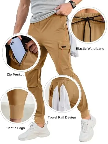 Comdecevis Men's Slim Fit Stretch Casual Cargo Joggers | 4-Way Stretch, Lightweight Quick Dry, Zipper Pockets, Workout & Track Trousers, Hiking & Work Pants - 5
