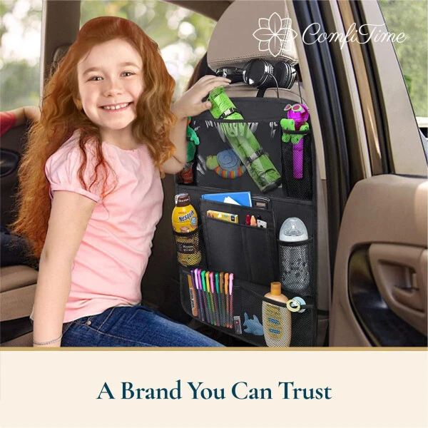 ComfiTime 2Pack Back Seat Organizer, Waterproof Car Seat Organizer W/ 10” Tablet Holder for Kids，Universal Car Backseat Organizer Protector Kick Mats - 6