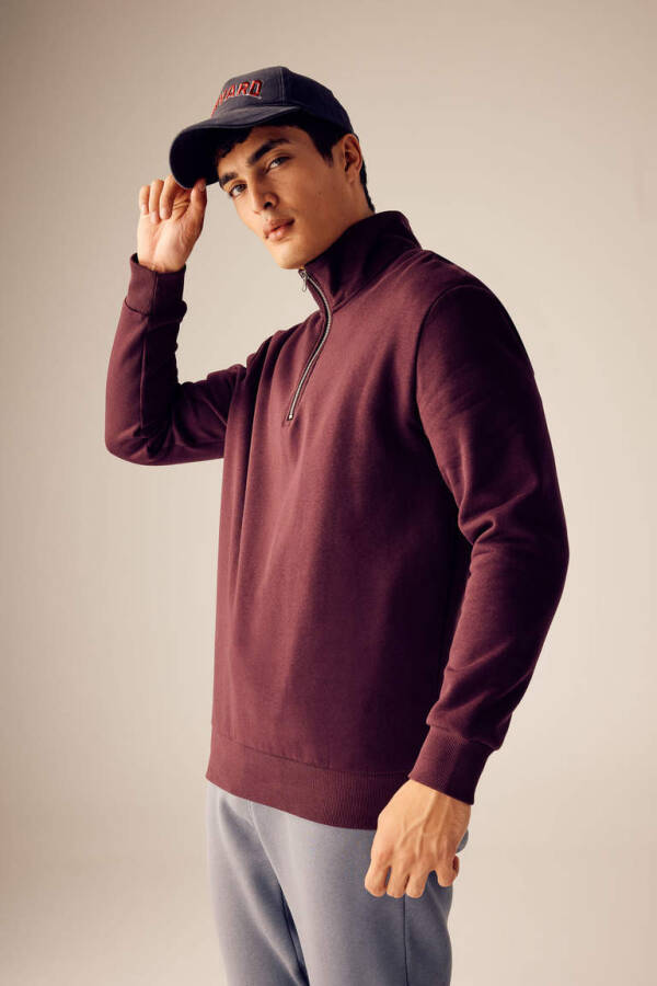 Comfort Fit Fermuarlı Dik Yaka Sweatshirt Koyu Bordo - 6