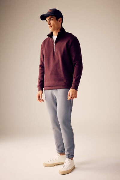 Comfort Fit Fermuarlı Dik Yaka Sweatshirt Koyu Bordo - 7