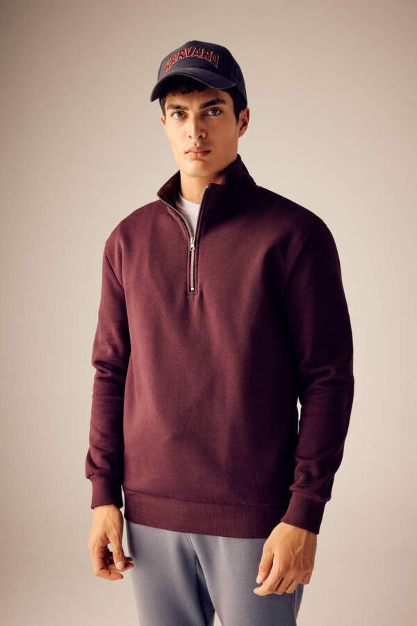 Comfort Fit Fermuarlı Dik Yaka Sweatshirt Koyu Bordo - 8