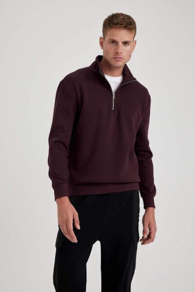 Comfort Fit Fermuarlı Dik Yaka Sweatshirt Koyu Bordo - 11