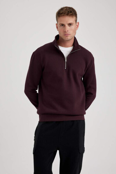 Comfort Fit Fermuarlı Dik Yaka Sweatshirt Koyu Bordo - 13