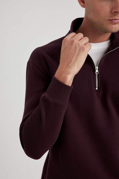 Comfort Fit Fermuarlı Dik Yaka Sweatshirt Koyu Bordo - 14