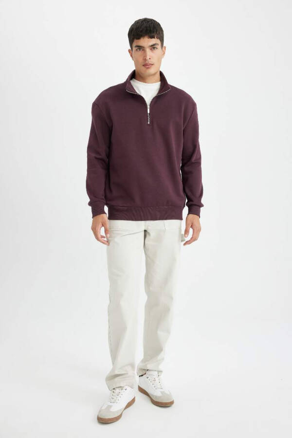 Comfort Fit Fermuarlı Dik Yaka Sweatshirt Koyu Bordo - 2