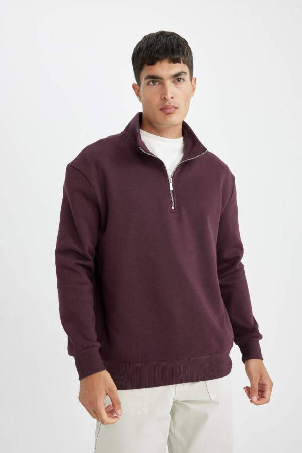 Comfort Fit Fermuarlı Dik Yaka Sweatshirt Koyu Bordo - 3