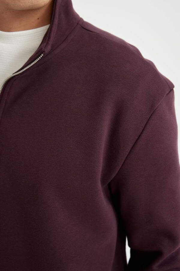 Comfort Fit Fermuarlı Dik Yaka Sweatshirt Koyu Bordo - 4