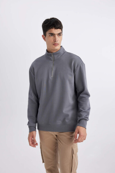 Comfort Fit Fermuarlı Dik Yaka Sweatshirt Koyu Gri - 3