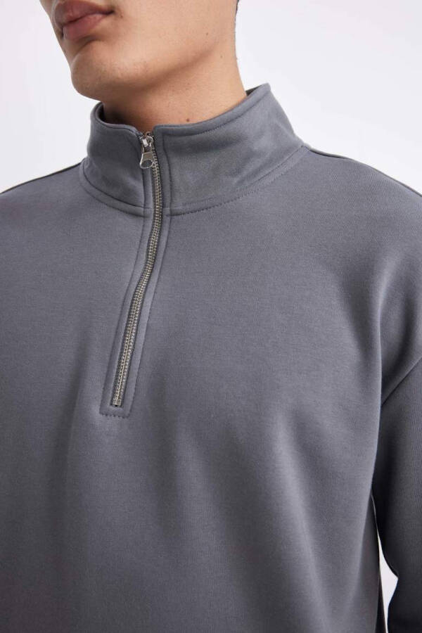 Comfort Fit Fermuarlı Dik Yaka Sweatshirt Koyu Gri - 4