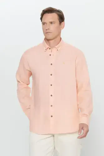 Comfort Fit Qulay Kesim %100 Zig'ir Tugmali Yoqa To'q sariq Ko'ylak-TO'Q SARIQ - 3