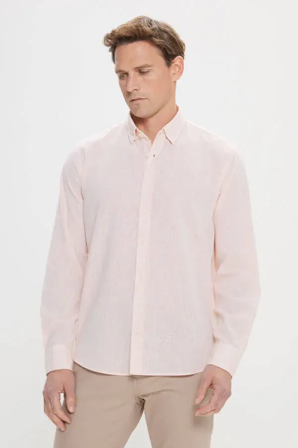 Comfort Fit Qulay Kesimli Paxtali Yopiq Tugmali Yoqali Apelsin Ko'ylak - 1